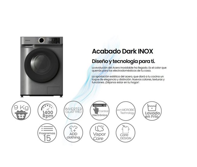 Lavadora Infiniton WM-N94ADK, 9 kg, 1400 rpm, Inverter, A Negro/ Inox