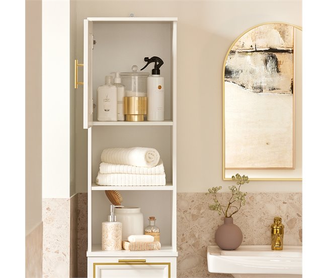 Armario Alto de Baño con 1 Puerta y 1 cesto BZR87-W SoBuy Blanco