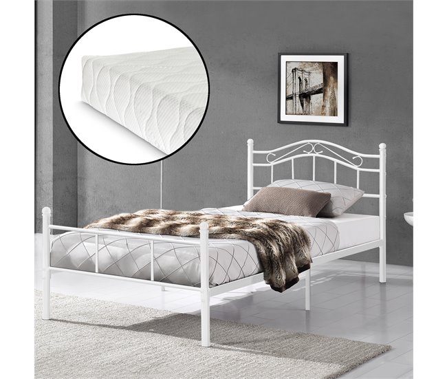 Cama individual (Florenz)  con cabecero curvado, colchón y somier 126x208 Blanco