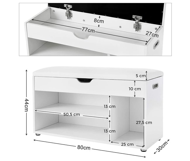 Banco de zapatos con 3 compartimentos y 1 espacio de almacenamiento con asiento cómodo - H44 cm Blanco