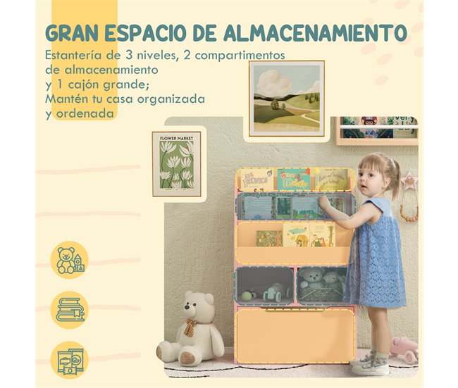Estantería Infantil MDF, Nylon HOMCOM 60 Rosa