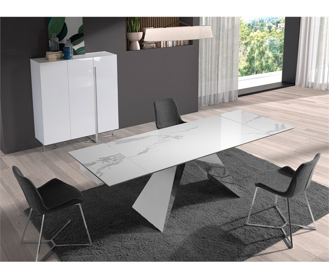 ANGEL CERDA Mesa comedor extensible rectangular mármol porcelánico y acero cromado 240x90 Blanco/ Gris
