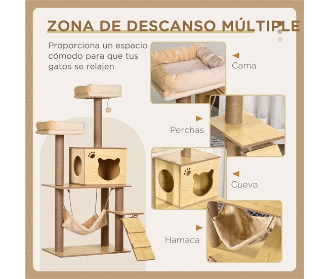 Árbol para Gatos Melamina de Madera, Yute, Poliéster PawHut Amarillo