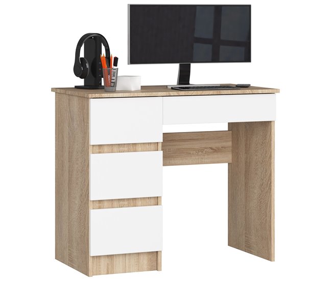 Escritorio A-7 AKORD 4 cajones Roble Sonoma, Blanco 90x50 Blanco/ Madera