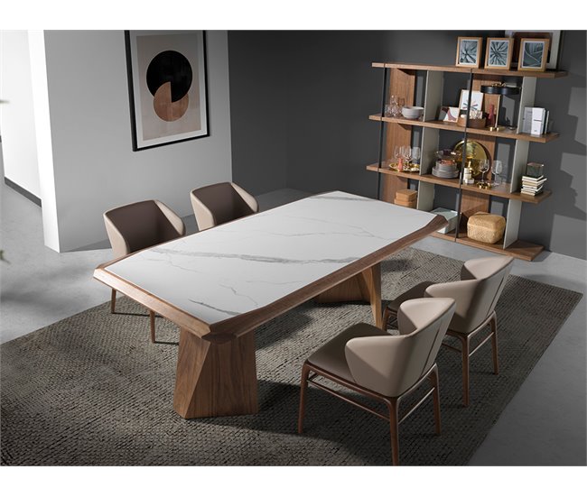 ANGEL CERDA Mesa comedor rectangular mármol porcelánico y nogal 220x110 Nogal