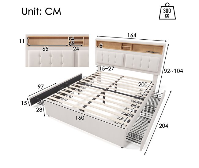 Camas de matrimonio 164x204 Beige