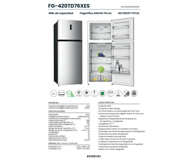 Frigorifico Dos Puertas Infiniton FG-420TD76XES, 388 l Inox