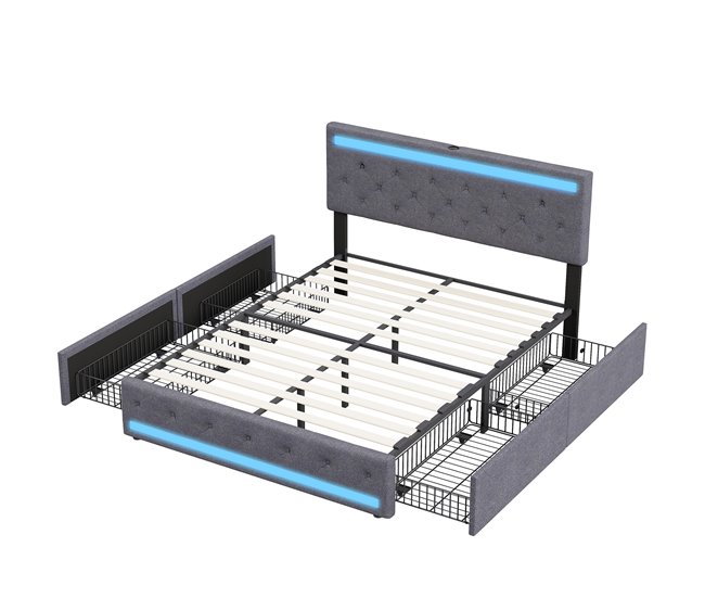 Cama doble, LED, USB, 4 cajones 162x210 Gris