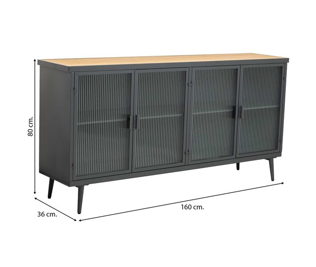 Aparador de metal y madera con vidrio, Negro