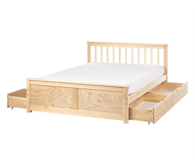Beliani Cama con cajones Madera de pino OLENDON 150x206 Madera Clara