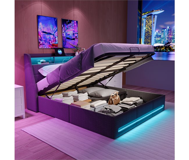 Cama doble, cama LED, USB 152x202 Gris