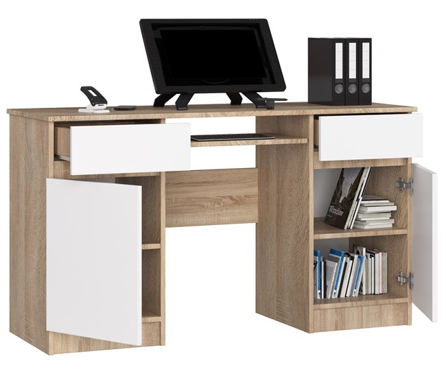Escritorio A5 AKORD 2 cajones 5 estantes color Roble Sonoma 135x50 Blanco/ Madera
