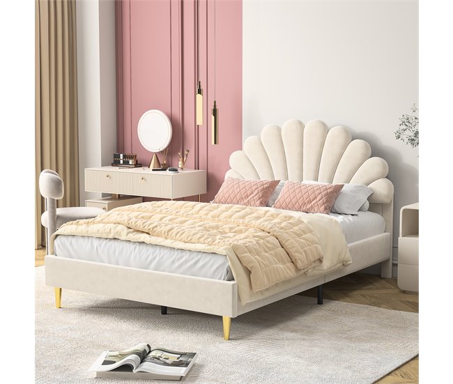 Cama doble acolchada con somier de láminas 140x203 Beige