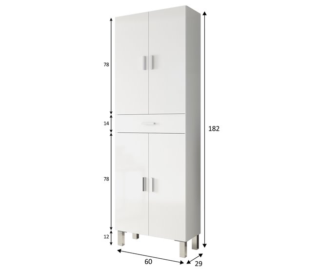 Armario baño Alan 4 puertas 1 cajón, Blanco brillo, 182 cm Blanco