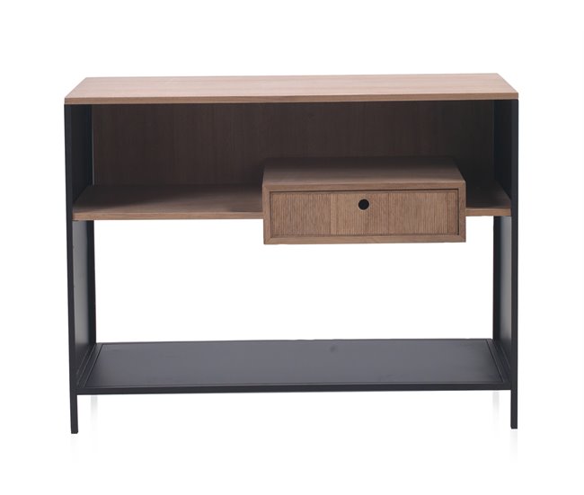 Aparador de fresno y metal negro con cajon y base de metal Negro