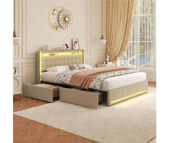 Cama, USB, Tipo C, Cama de Descanso, 4 Cajones, LED 148x213 Beige