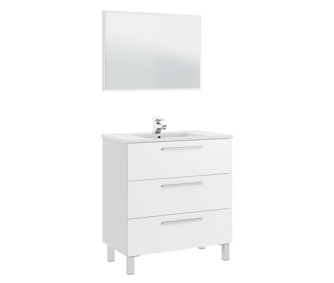 Mueble baño Alise 3 cajones espejo, sin lavabo, Blanco brillo Blanco