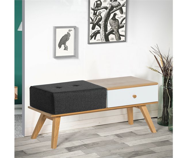 Banco con cajón y cojín 100x40 Natural/ Blanco