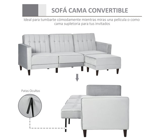 Sofá Cama Poliéster, Espuma, Madera HOMCOM Gris