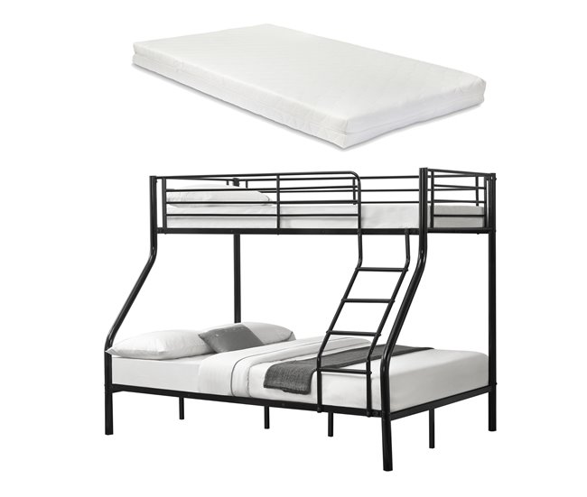 Litera de metal con escalera y colchones - para 3 personas 210x147 Negro