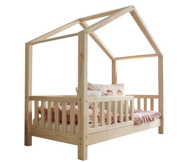 Cama cabaña con barandilla y somier patas Roxane Madera