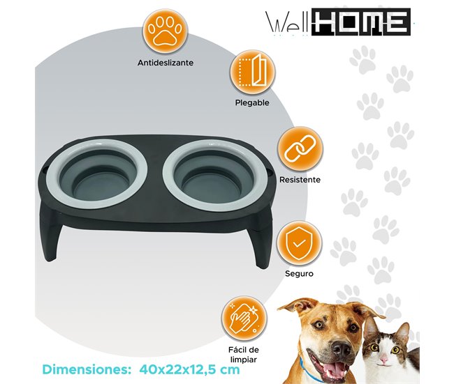 Well home comedero doble plegable para mascotas, silicona, antideslizante Gris