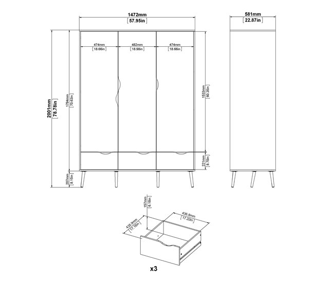 Armario DELTA puertas batientes y 3 cajones 147x200cm blanco Blanco