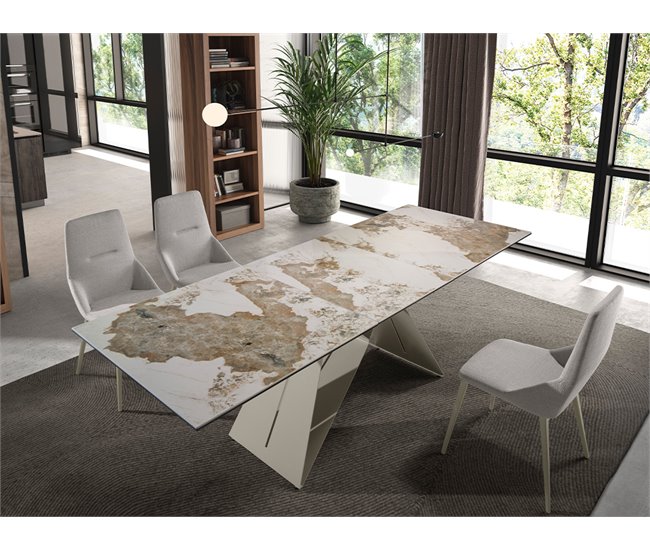 Mesa comedor extensible rectangular mármol porcelánico y acero color champagne Blanco/ Rojo