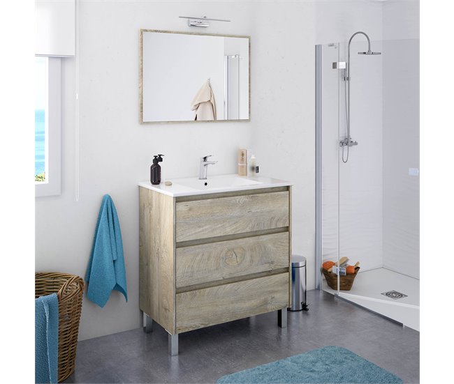Mueble baño Devin 3 cajones espejo, sin lavabo, Alaska Madera