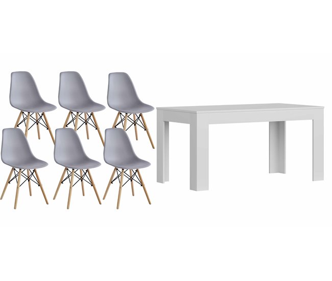 Mesa Extensible de Comedor o Cocina + 6 Sillas Estilo Nordico 178x80 Blanco/ Gris