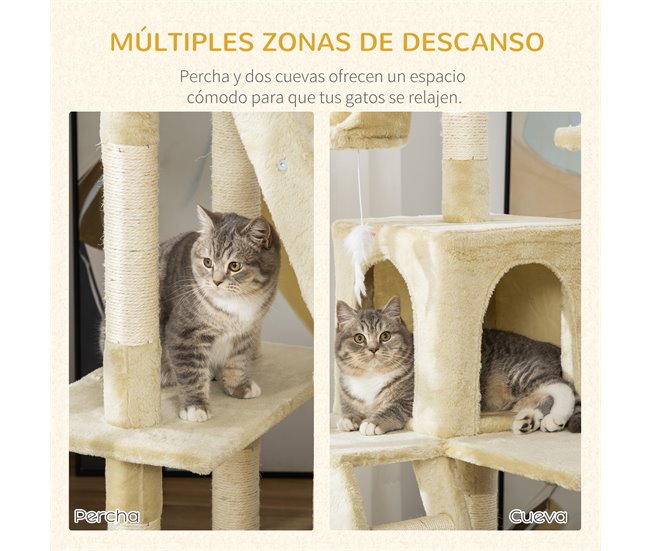 Árbol para Gatos Tablero Madera Aglomerado, Felpa y Sisal PawHut Beige