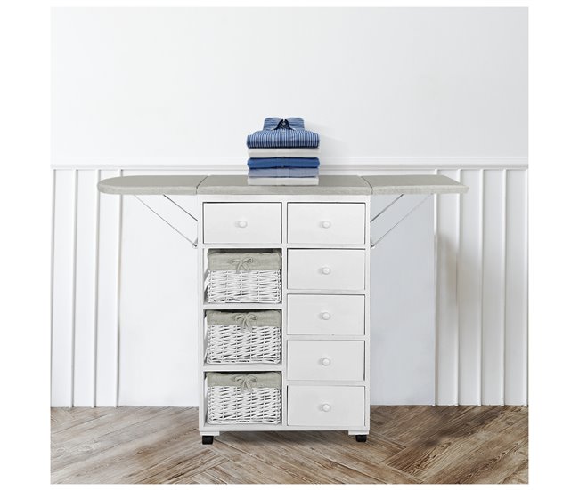 Acomoda Textil– Mueble de Planchar de Madera con 9 Compartimentos Blanco