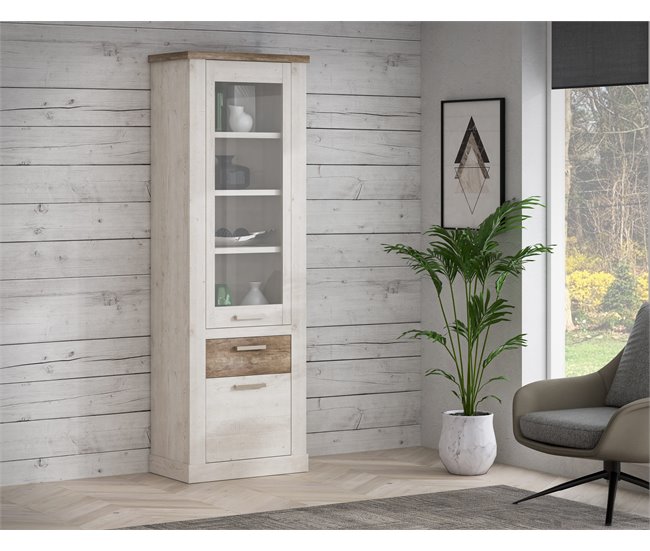 Vitrina alta 2 puertas y un cajón VERONA Blanco/ Madera