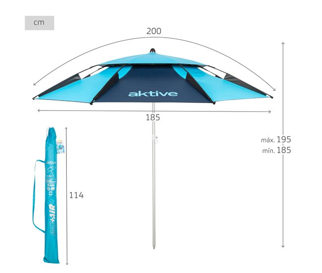 Aktive Sombrilla de playa antiviento c/protección UV50 8 varillas Azul