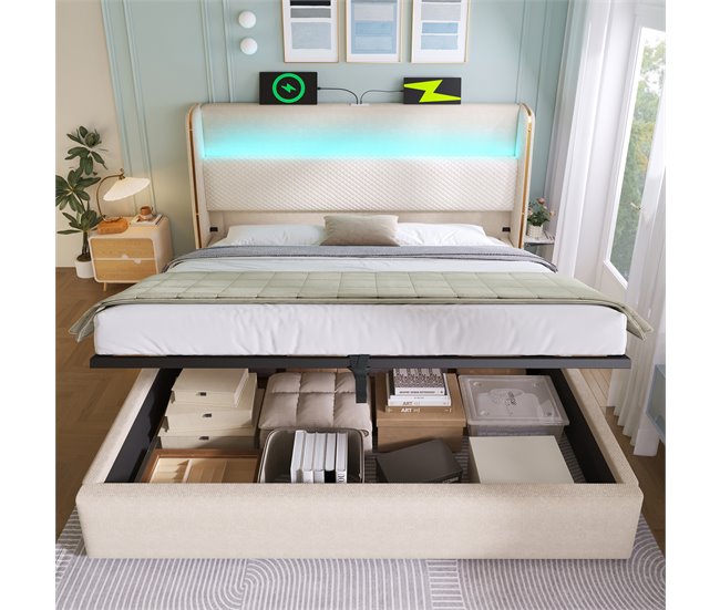 Cama con almacenaje de lino 173x221 Beige