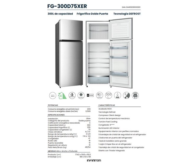 Frigorifico Dos Puertas INFINITON FG-300D75XER, 300 l Inox