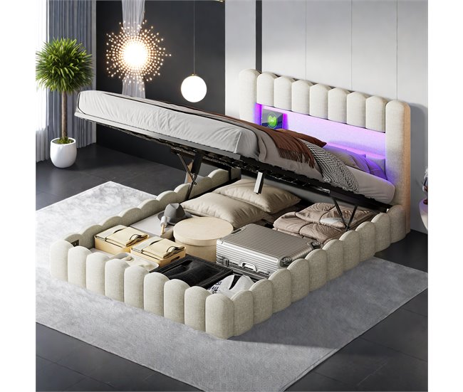 Cama, cama hidráulica, USB, iluminación LED, cama doble 193x220 Beige