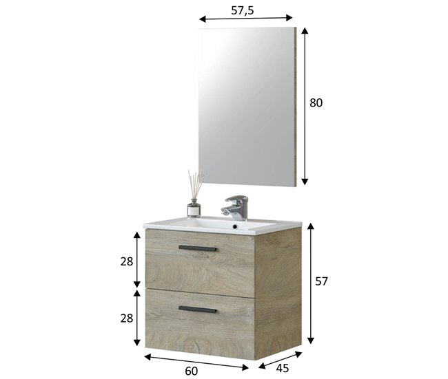 Mueble baño suspendido Alan 2 cajones, espejo y lavabo, Alaska Madera