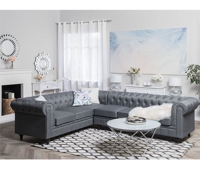 Beliani Sofá esquinero Poliéster CHESTERFIELD Gris