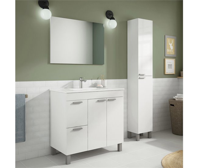 Mueble baño Adam 2 puertas 2 cajones, espejo y lavabo, Blanco brillo Blanco