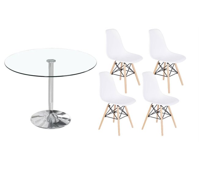 Pack Mesa Redonda de Cristal Templado + 4 Sillas Estilo Nordico 90x90 Transparente