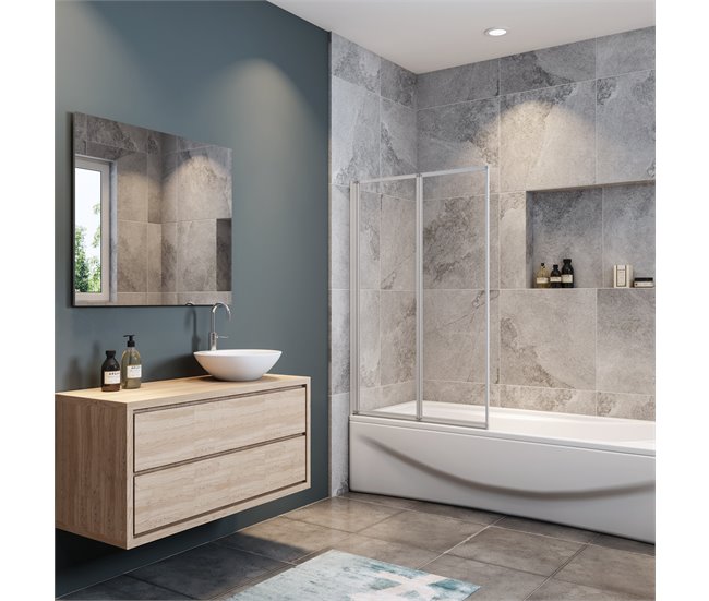Mampara de Bañera Plegable,Vidrio Templado 4mm,Altura 140cm Blanco/ Gris
