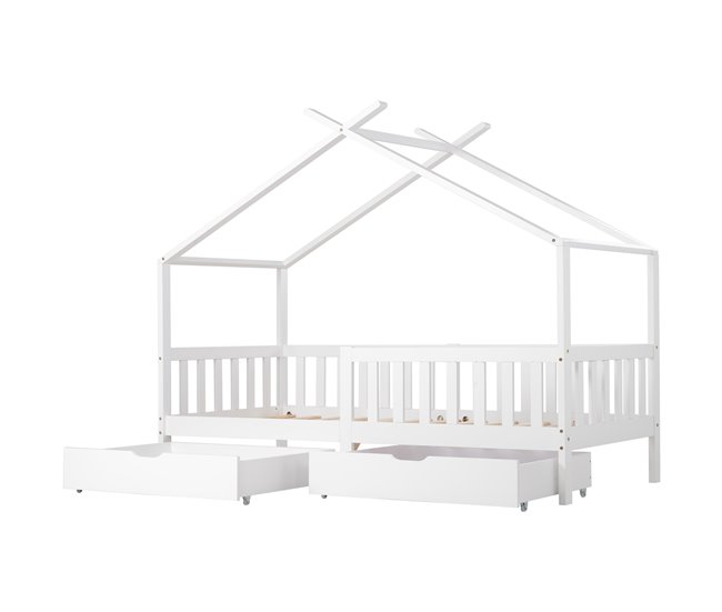 Cama cabaña infantil de madera maciza con 2 cajónes Blanco