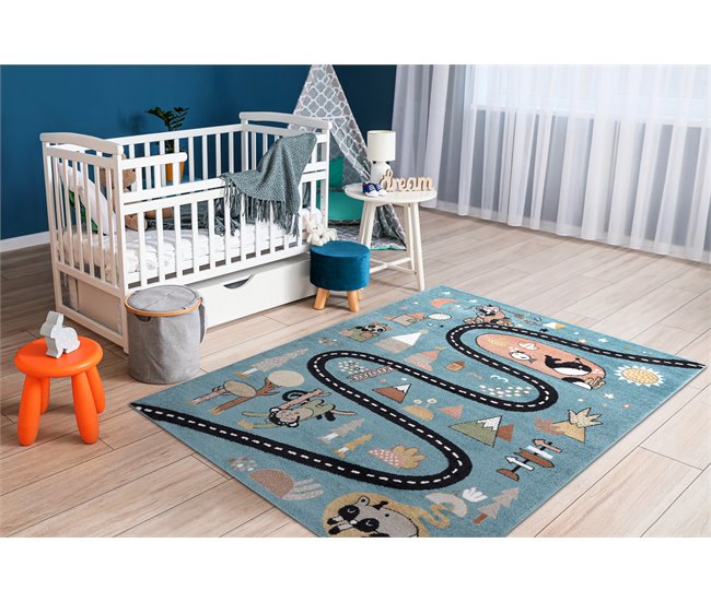 Alfombra FUN Route para niños calle animales 140x190 Azul