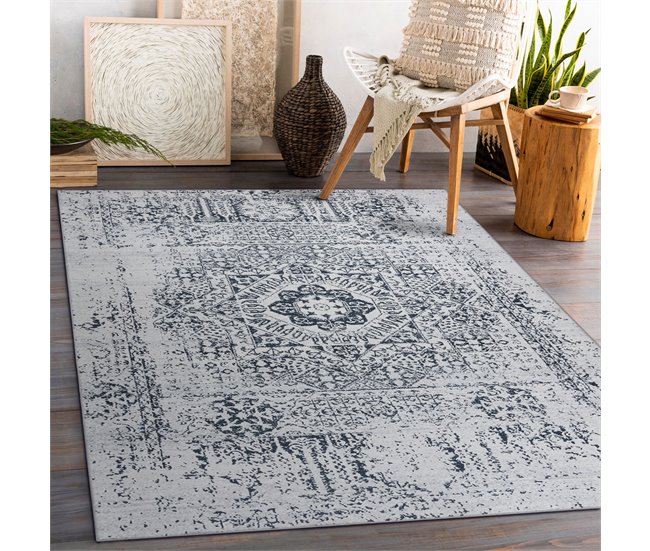 Alfombra lavable ANDRE 1072 Rosetón vintage 160x220 Blanco/ Gris