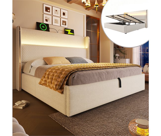 Cama con almacenaje de lino 173x221 Beige