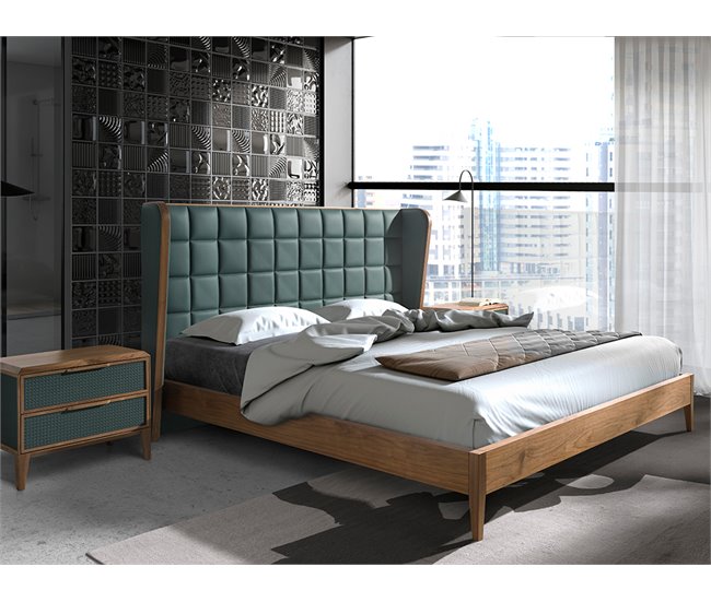 Cama matrimonio tapizada en polipiel  y madera chapada en nogal Verde Oscuro