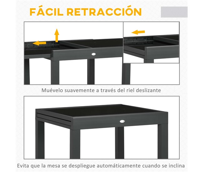 Mesa de Jardín Aluminio, Vidrio templado Outsunny 160x80 Negro
