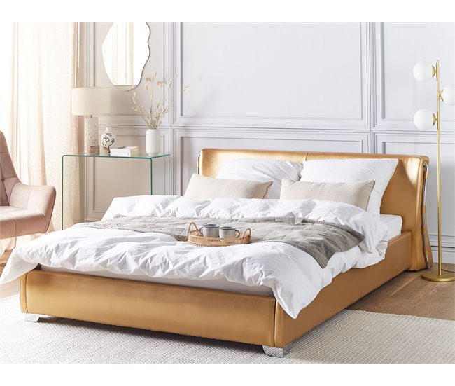 Beliani Cama LED Piel PARIS 195x228 Dorado