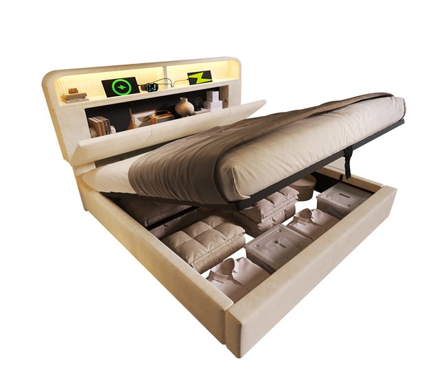 Cama con almacenaje de terciopelo 165x211 Beige